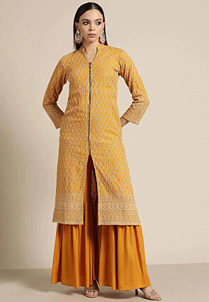 Embroidered Viscose Rayon Straight Kurta Set in Mustard