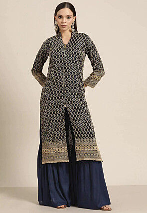 Embroidered Viscose Rayon Straight Kurta Set in Navy Blue