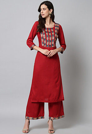 Embroidered Viscose Rayon Straight Kurta Set in Red