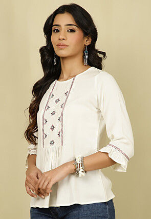 Embroidered Viscose Rayon Top in Off White