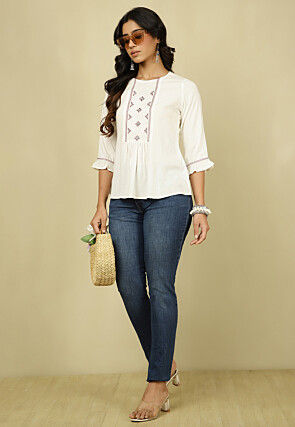 Embroidered Viscose Rayon Top in Off White