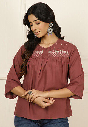 Embroidered Viscose Rayon Top in Old Rose