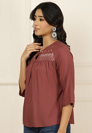 Embroidered Viscose Rayon Top in Old Rose