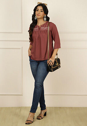 Embroidered Viscose Rayon Top in Old Rose