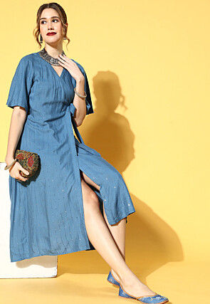 Embroidered Viscose Rayon Wrap Dress in Blue