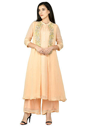 Embroidered Viscose Silk A Line Kurta Set in Peach