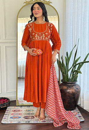 Embroidered Viscose Silk A Line Suit in Dark Orange