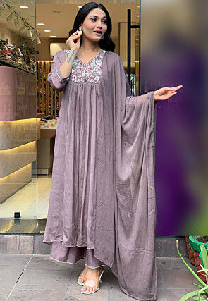 Embroidered Viscose Silk A Line Suit in Dusty Purple