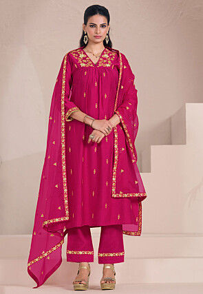 Embroidered Viscose Silk A Line Suit in Fuchsia