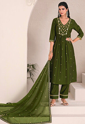 Embroidered Viscose Silk A Line Suit in Green