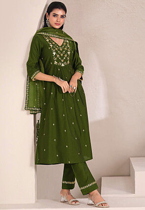 Embroidered Viscose Silk A Line Suit in Green