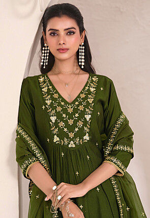 Embroidered Viscose Silk A Line Suit in Green