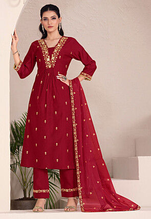 Embroidered Viscose Silk A Line Suit in Maroon