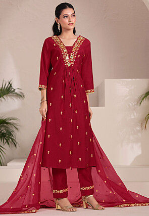 Embroidered Viscose Silk A Line Suit in Maroon