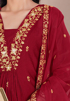 Embroidered Viscose Silk A Line Suit in Maroon