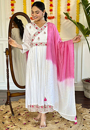 Embroidered Viscose Silk A Line Suit in Off White