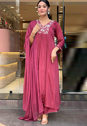 Embroidered Viscose Silk A Line Suit in Pink