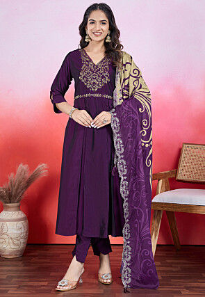 Embroidered Viscose Silk A Line Suit in Purple