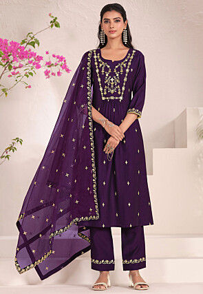 Embroidered Viscose Silk A Line Suit in Purple