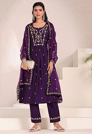 Embroidered Viscose Silk A Line Suit in Purple