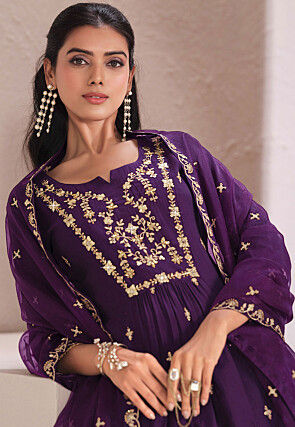 Embroidered Viscose Silk A Line Suit in Purple