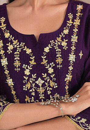 Embroidered Viscose Silk A Line Suit in Purple