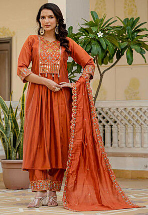 Embroidered Viscose Silk A Line Suit in Rust