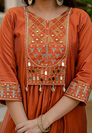 Embroidered Viscose Silk A Line Suit in Rust