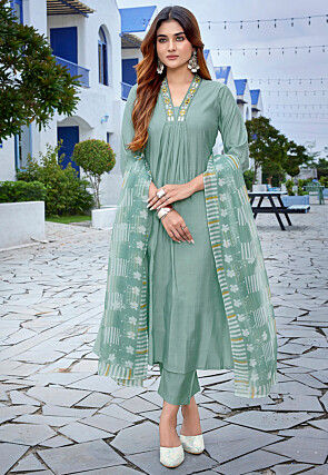Embroidered Viscose Silk A Line Suit in Sea Green