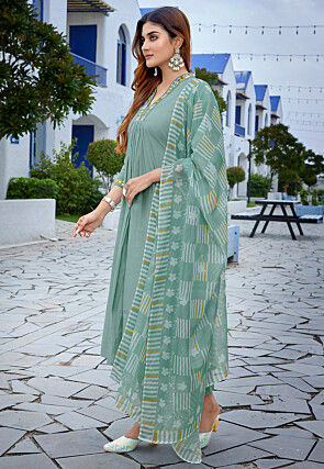 Embroidered Viscose Silk A Line Suit in Sea Green