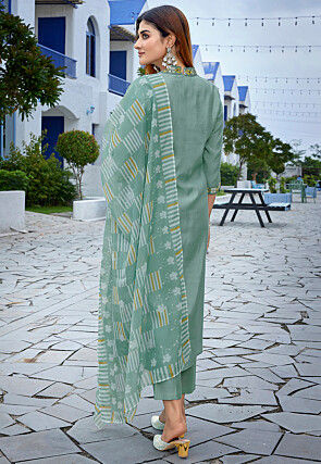 Embroidered Viscose Silk A Line Suit in Sea Green
