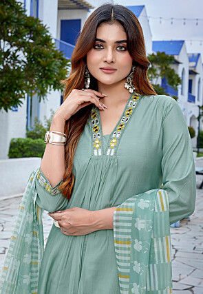 Embroidered Viscose Silk A Line Suit in Sea Green