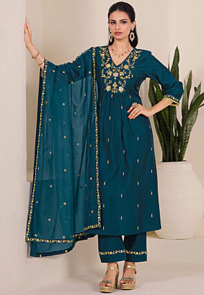 Embroidered Viscose Silk A Line Suit in Teal Blue