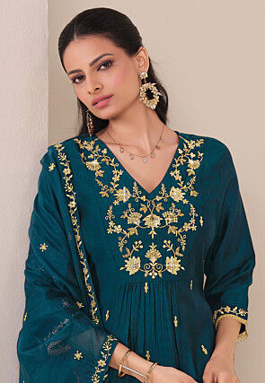 Embroidered Viscose Silk A Line Suit in Teal Blue