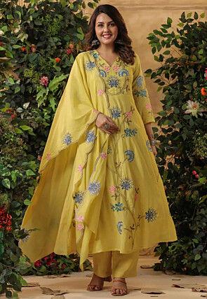 Embroidered Viscose Silk Anarkali Suit in Light Green