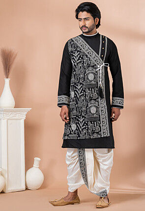 Embroidered Viscose Silk Angrakha Kurta Set in Black