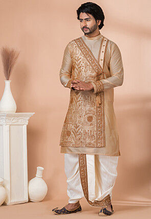 Embroidered Viscose Silk Angrakha Kurta Set in Light Beige