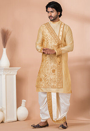Embroidered Viscose Silk Angrakha Kurta Set in Light Beige
