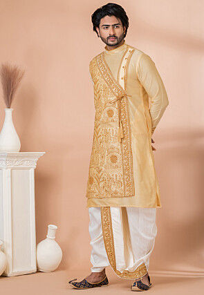 Embroidered Viscose Silk Angrakha Kurta Set in Light Beige