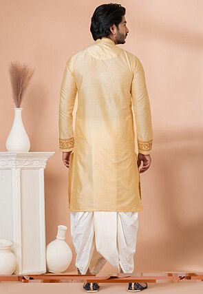 Embroidered Viscose Silk Angrakha Kurta Set in Light Beige