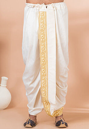 Embroidered Viscose Silk Angrakha Kurta Set in Light Beige
