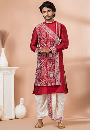Embroidered Viscose Silk Angrakha Kurta Set in Red
