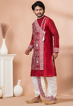 Embroidered Viscose Silk Angrakha Kurta Set in Red