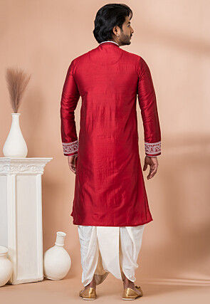 Embroidered Viscose Silk Angrakha Kurta Set in Red