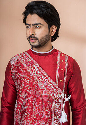 Embroidered Viscose Silk Angrakha Kurta Set in Red