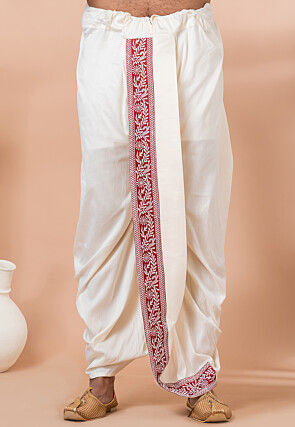 Embroidered Viscose Silk Angrakha Kurta Set in Red