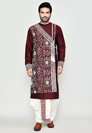 Embroidered Viscose Silk Dhoti Kurta in Maroon