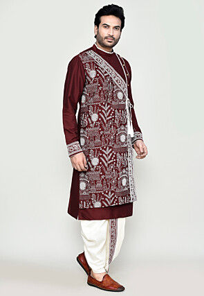 Embroidered Viscose Silk Dhoti Kurta in Maroon