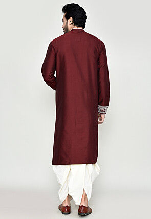 Embroidered Viscose Silk Dhoti Kurta in Maroon
