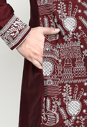 Embroidered Viscose Silk Dhoti Kurta in Maroon